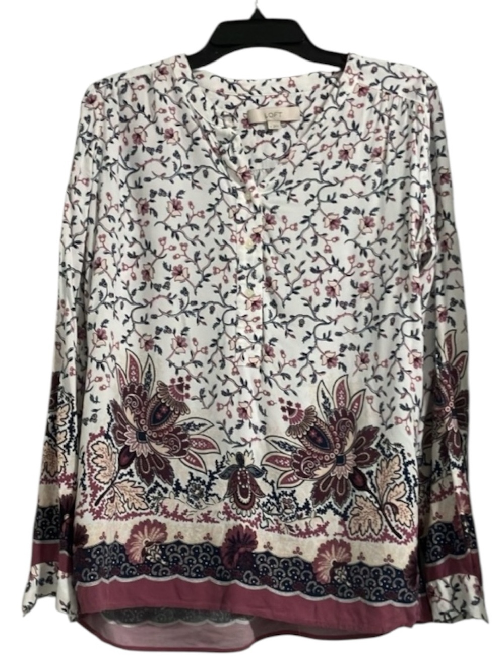 Ann Taylor LOFT Navy and Burgundy Paisley Long-Sleeve Blouse, Size Medium